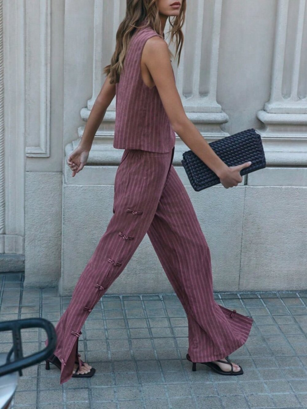 Burgundy Casual Women's Stand Collar Blouse And Long Plain Pants Set - Picture 5 of 13